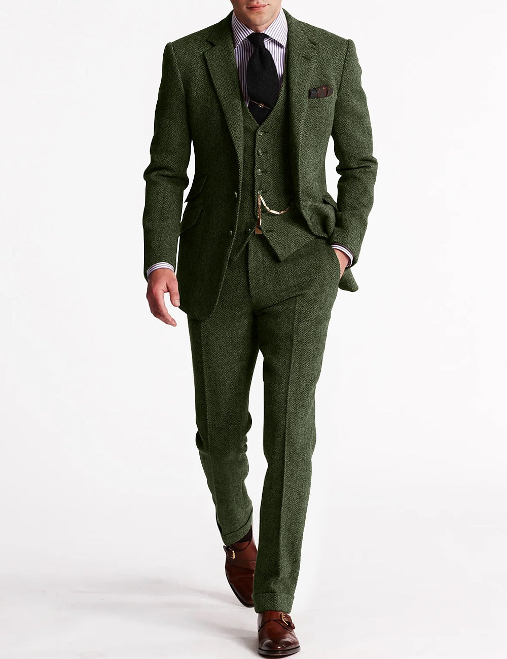 NOUVEAU RICHE Tweed Smokinganzug Herren Dreiteilig Klassisch Elegant Grün