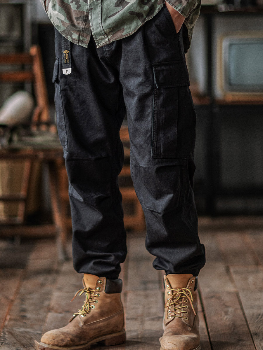 NOUVEAU RICHE Herren Gewaschene Taktische Cargo-Hosen Mit Gürtel Aus Baumwoll-Twill In Lockere Passform Mit Elastischen Bündchen Und 2 Großen Cargo-Taschen Schwarz