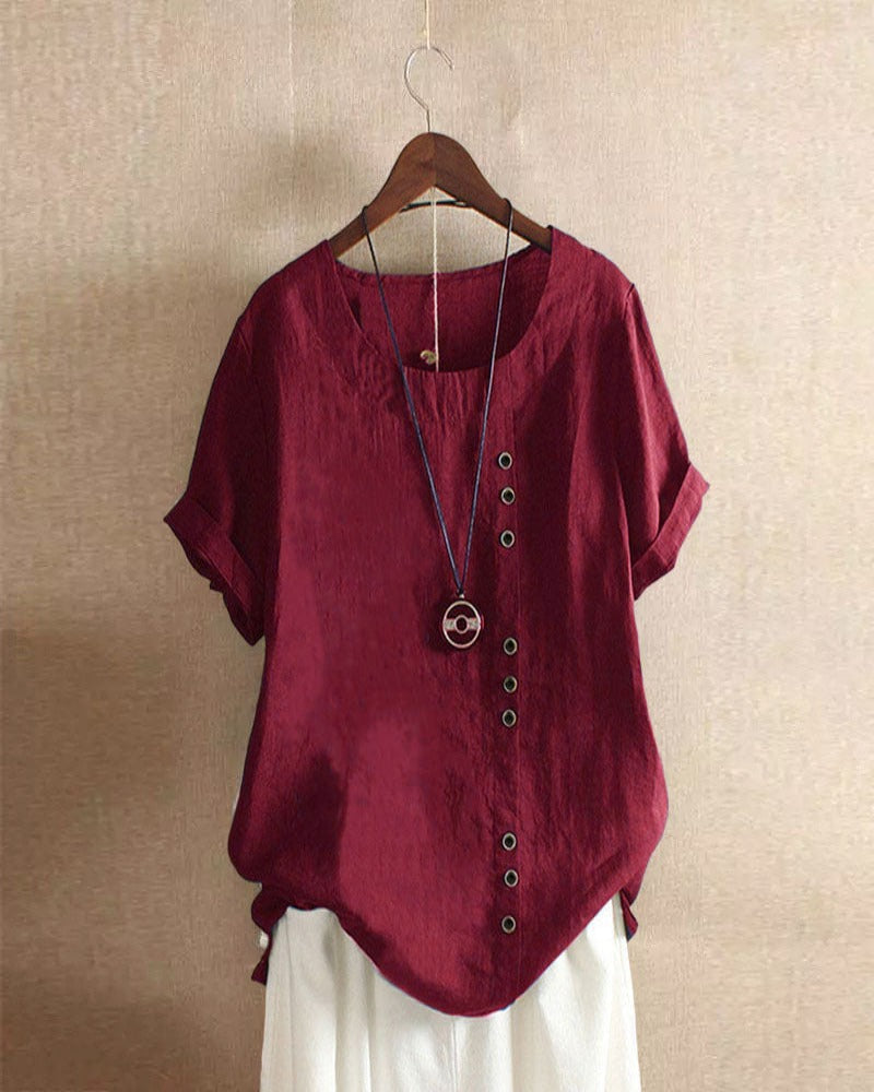 NOUVEAU RICHE Damen Kurzarm-Bluse Baumwolle Weiche Vielseitige Eleganz Dunkelrot