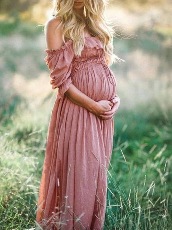 NOUVEAU RICHE Boho-Chic-Umstandskleid mit U-Boot-Ausschnitt – Schulterfreies Schwangerschaftskleid, Midi, Pink, S–2XL – Flōre Pink