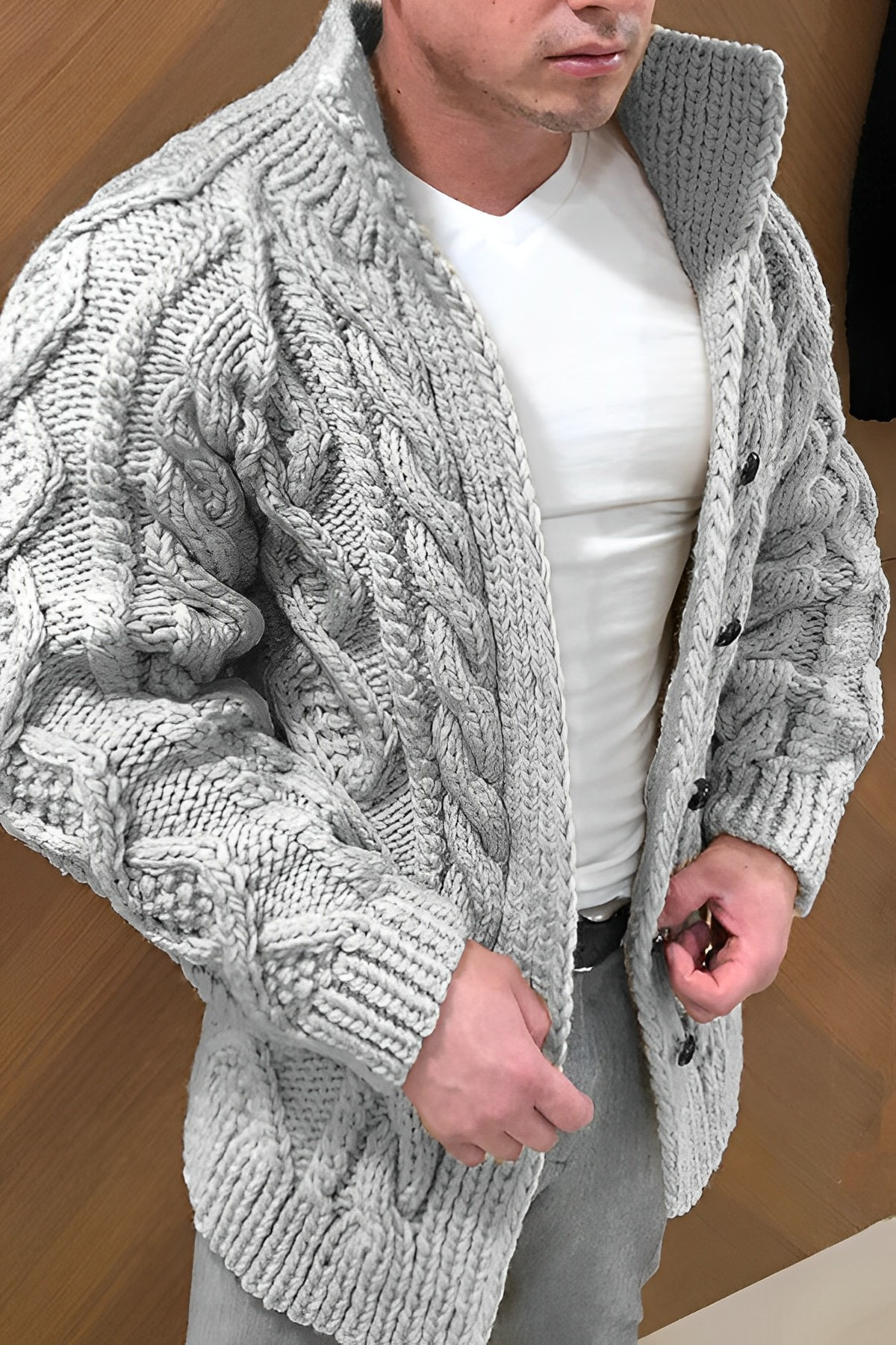 NOUVEAU RICHE Herren Warme Strickjacke Im Zopfmuster Flexible Cardigan Grau