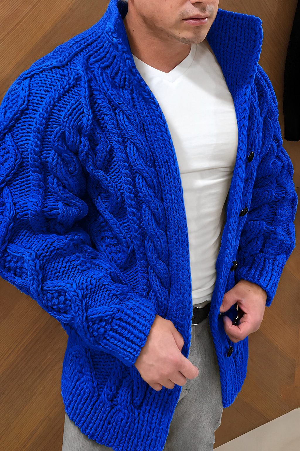 NOUVEAU RICHE Herren Warme Strickjacke Im Zopfmuster Flexible Cardigan Blau