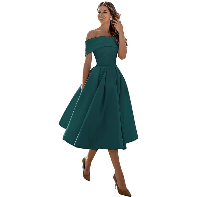 NOUVEAU RICHE Schulterfreies Satin Sommerkleid Damen Elegant Luftig A Linie Dunkelgrün