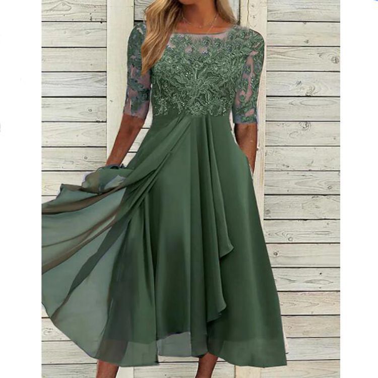 NOUVEAU RICHE Midikleid Chiffon Spitze Dreiviertelarm Festlich Abendkleid