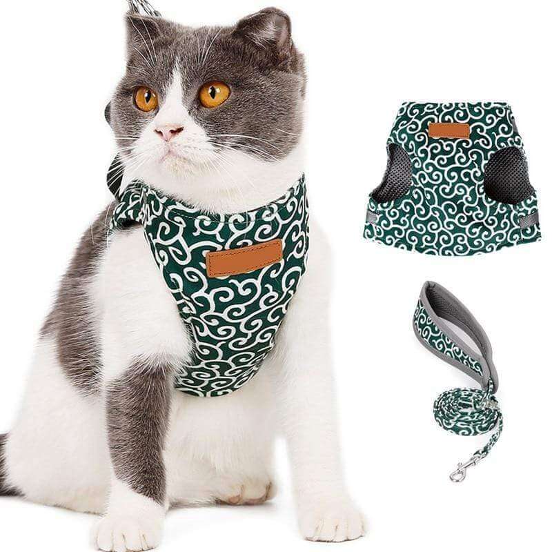 NOUVEAU RICHE Katzengeschirr mit Leine – Verstellbares Brustgeschirr aus atmungsaktivem Mesh mit Schnellverschluss & 1,2 m Leine, XS-S, 3 Farben Grün
