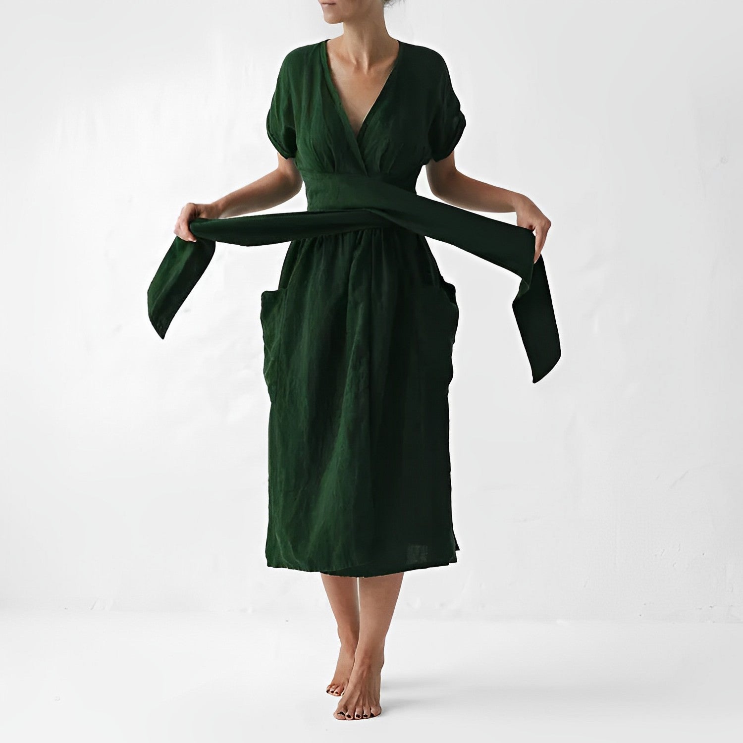 NOUVEAU RICHE Midikleid Mit Gürtel Seitentaschen V Ausschnitt Kimonoärmel