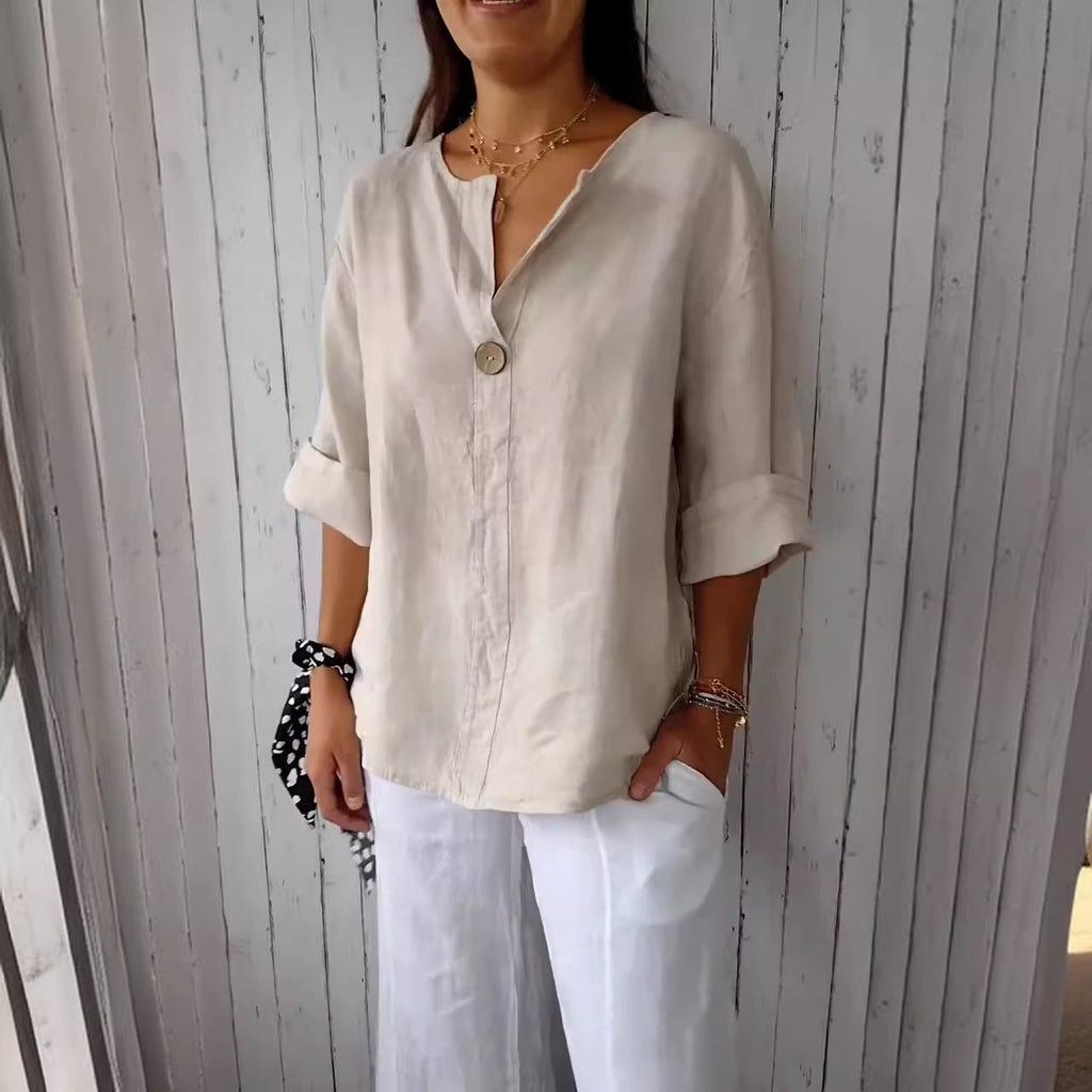 NOUVEAU RICHE Damen Bluse Lockerer Schnitt V-Ausschnitt 3/4 Ärmel Knopf