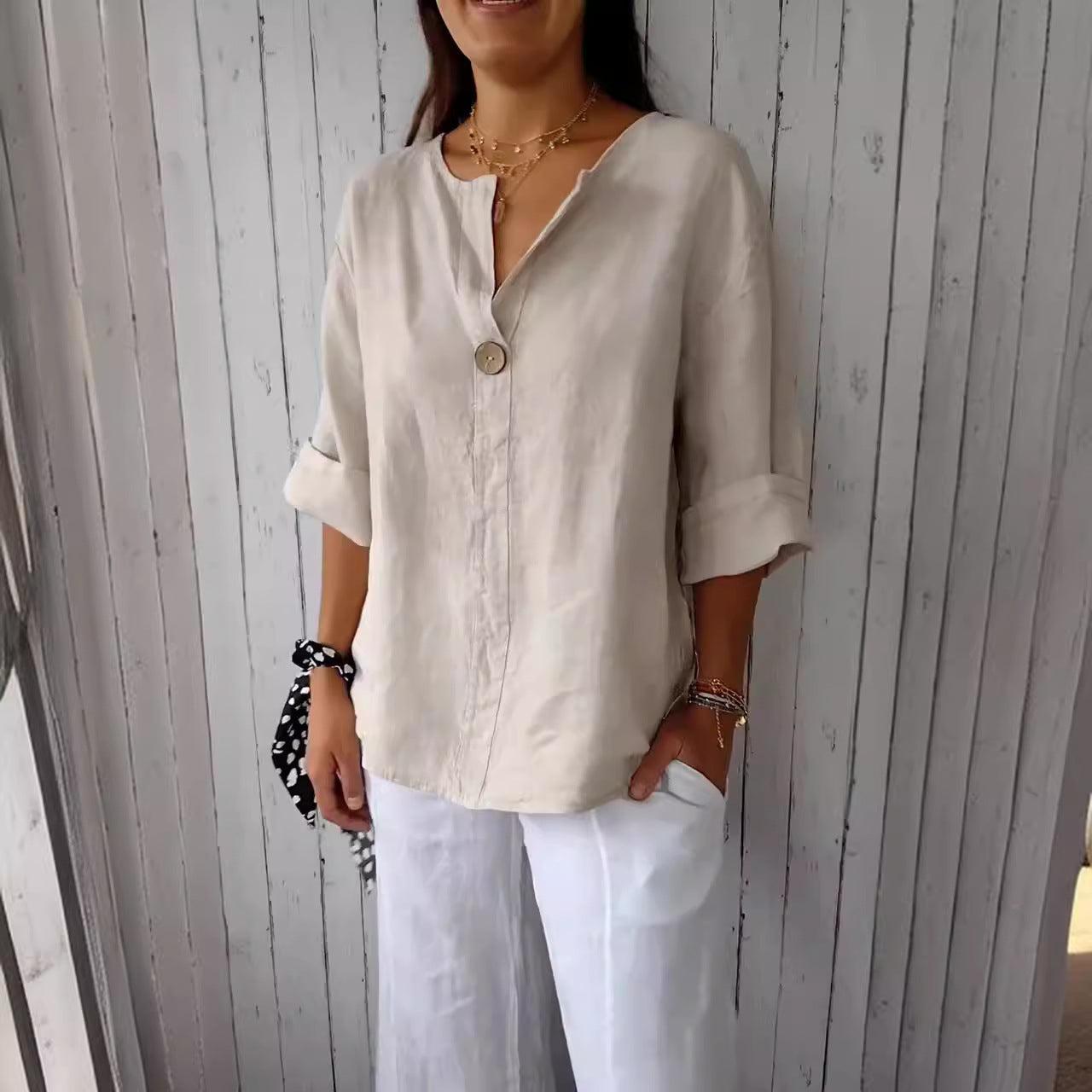 NOUVEAU RICHE Damen Bluse Lockerer Schnitt V-Ausschnitt 3/4 Ärmel Knopf