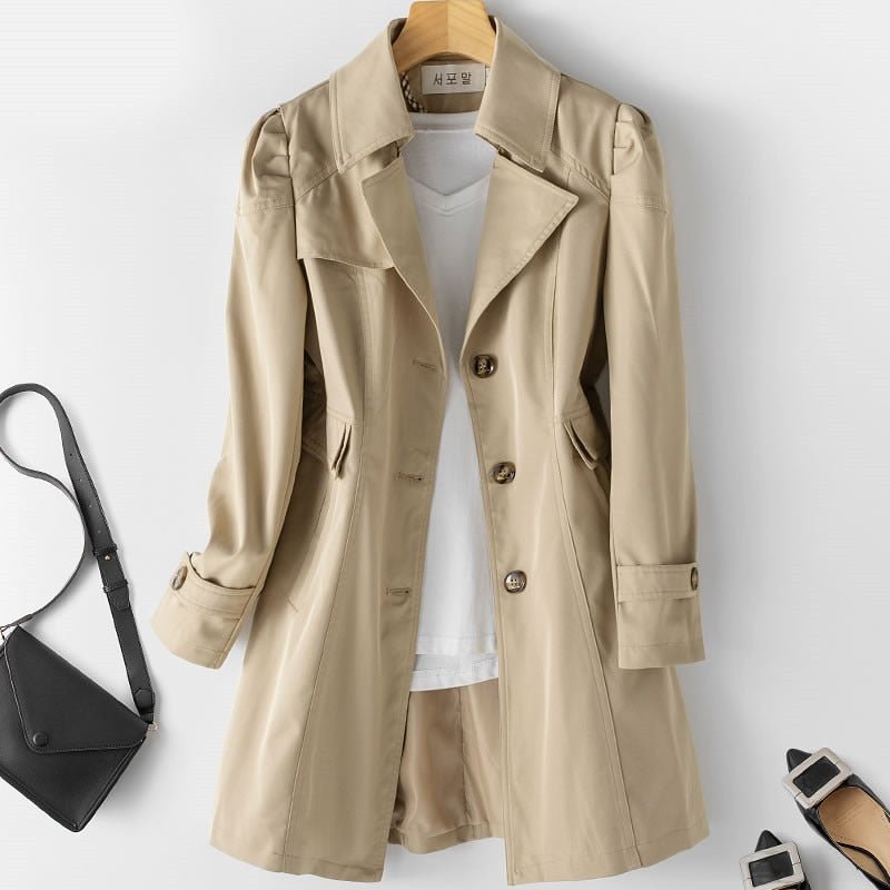NOUVEAU RICHE Trenchmantel Damen Daunen Knopfverschluss Lässig Übergang Khaki