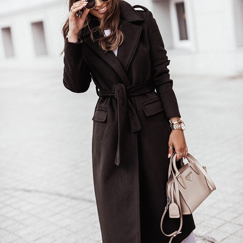 NOUVEAU RICHE Mantel Langer Mit V-Ausschnitt Stilvoller Business-Look - Winterjacke - Wintermäntel Damen Schwarz