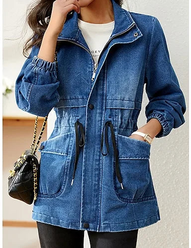 Damen Denim Jeansjacke Winddichte Mit Reißverschluss Zipper Taschen
