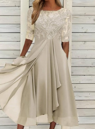 NOUVEAU RICHE Midikleid Chiffon Spitze Dreiviertelarm Festlich Abendkleid Gold