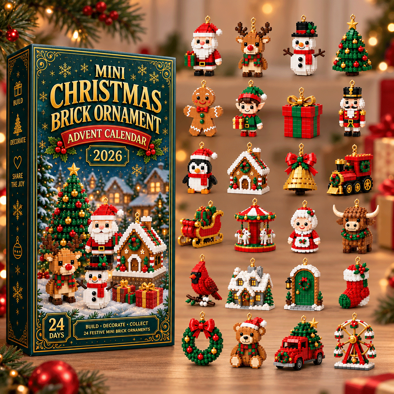 Adventní kalendář se stavebnicí – 24 mini vánočních stavebnic k sestavení a zavěšení na vánoční stromeček, pro děti i dospělé