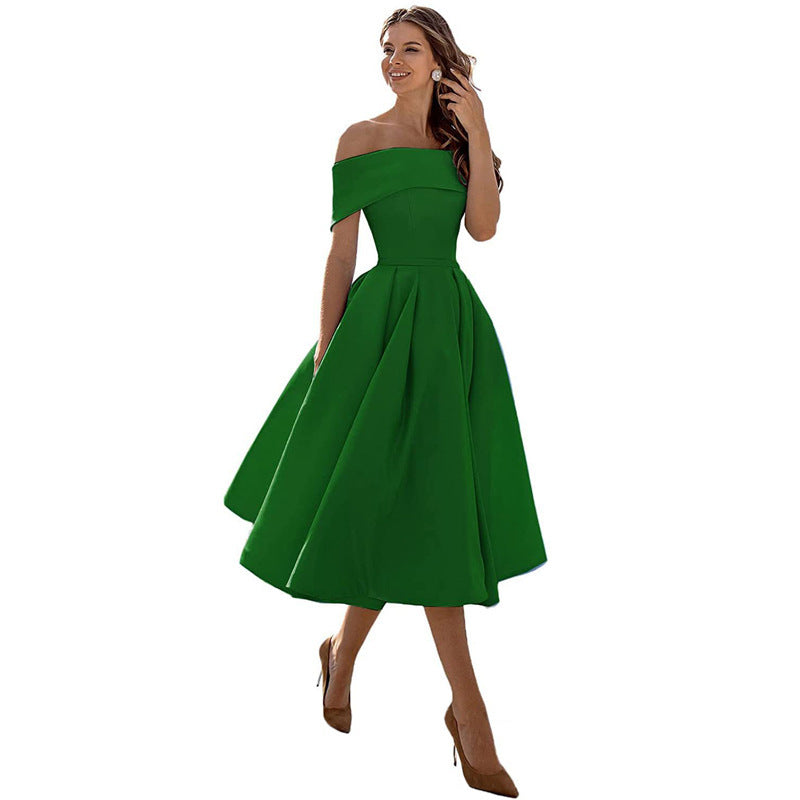 NOUVEAU RICHE Schulterfreies Satin Sommerkleid Damen Elegant Luftig A Linie Dunkelgrün 1