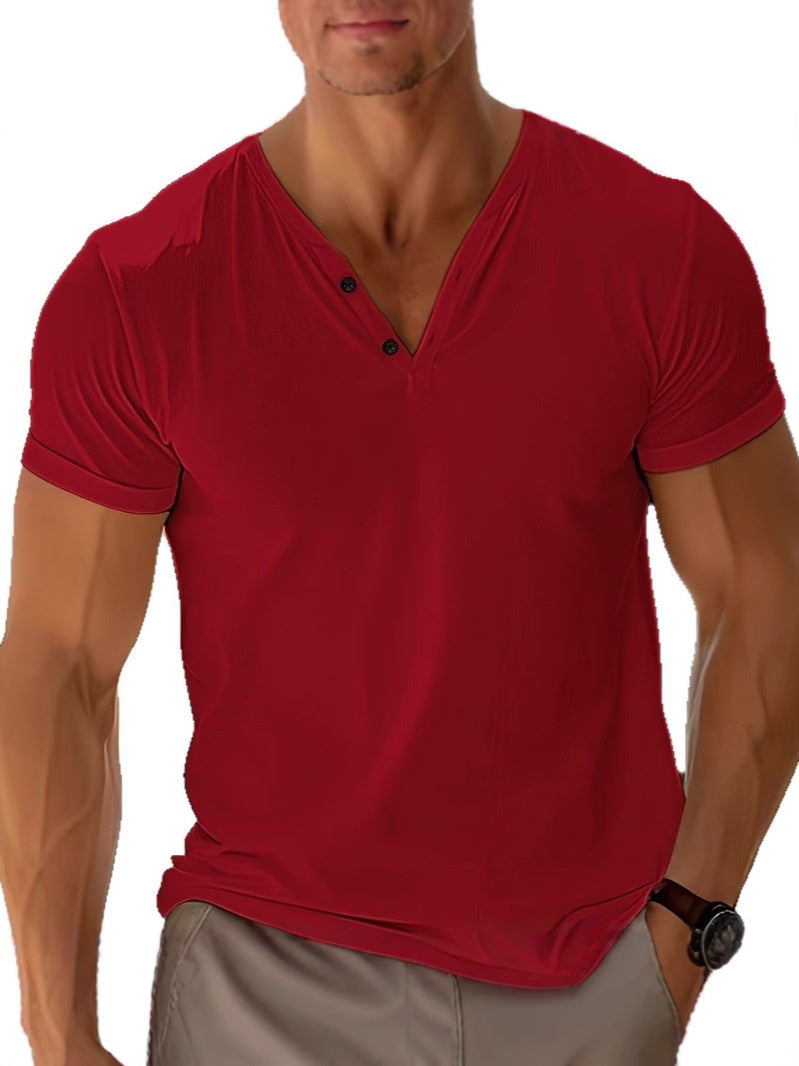 NOUVEAU RICHE Herren T Shirt Kurzarm V Ausschnitt Sommerkomfort Baumwoll Weinrot