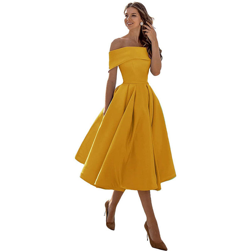 NOUVEAU RICHE Schulterfreies Satin Sommerkleid Damen Elegant Luftig A Linie Gelb