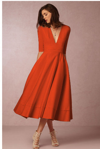 NOUVEAU RICHE Midikleid Damen A-Linie V-Ausschnitt Halbarmlänge Elegant Orange