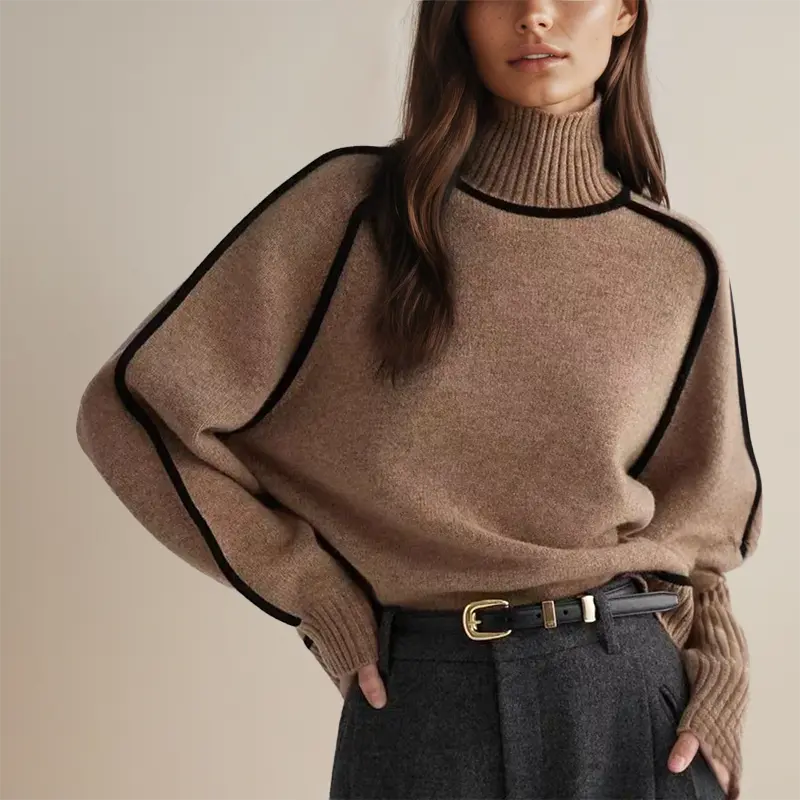 NOUVEAU RICHE Damen Rollkragenpullover Old Money Stil Klassisch - Pullover Braun