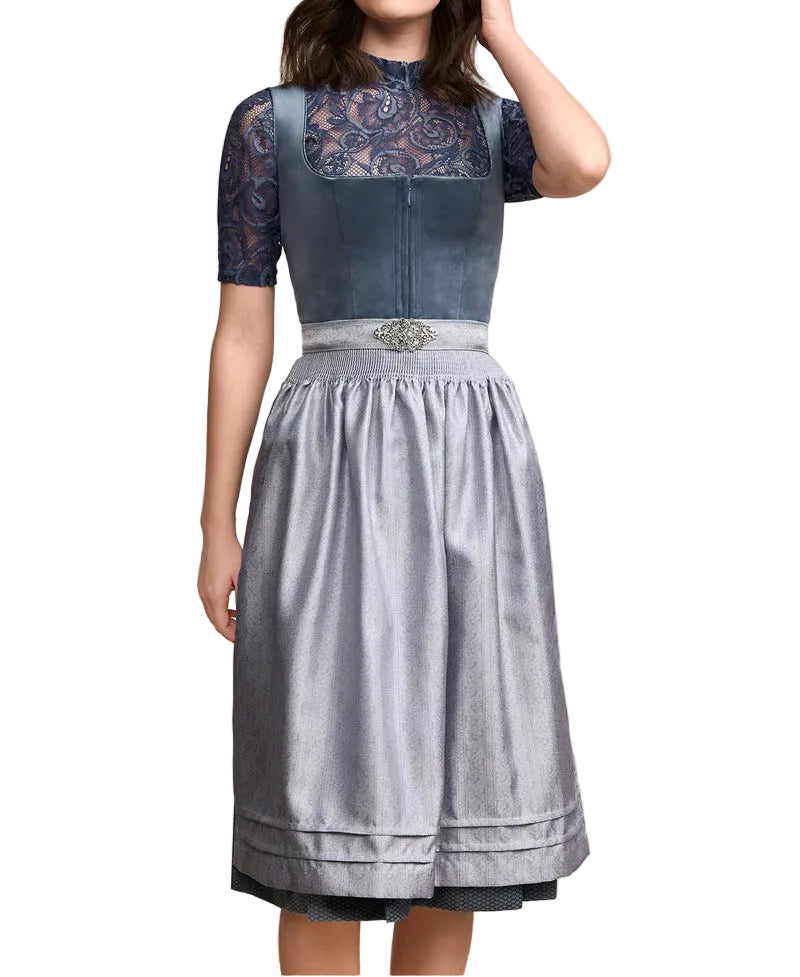 NOUVEAU RICHE Dirndlkleid für Damen mit Dekorativer Verzierung, Schürze und Plisseerock – Blaues Trachtenkleid, Oktoberfest, S–2XL – Flōre Blau