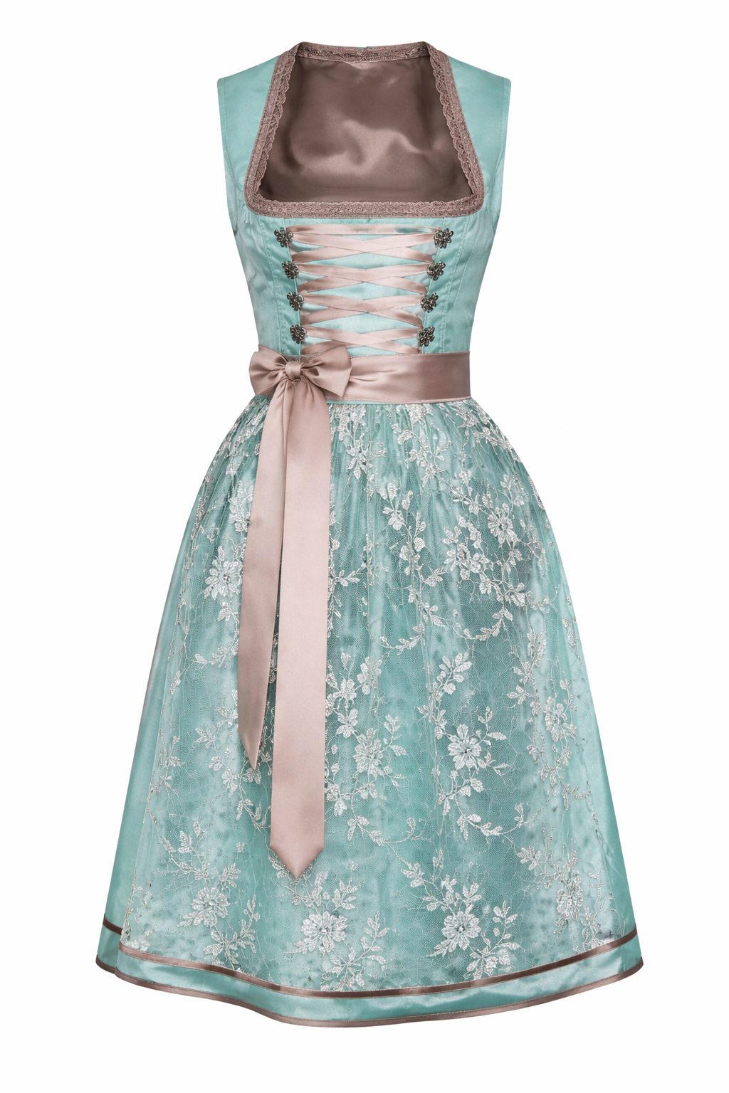 NOUVEAU RICHE Dirndlkleid für Damen mit Spitzenüberrock, Schnürung vorne und Ösen – Trachtenkleid in Grau oder Hellblau, S–2XL – Chāme Hellblau