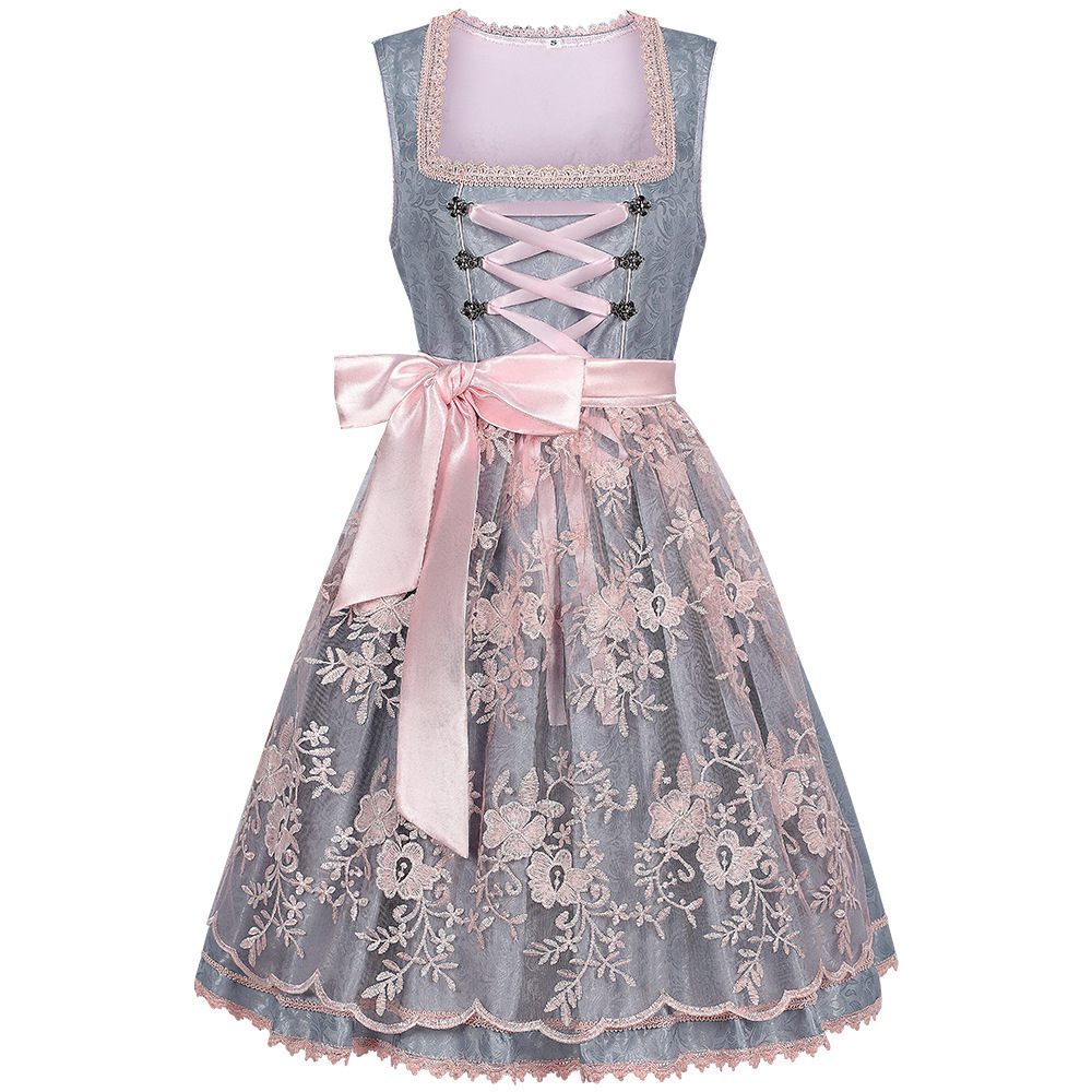 NOUVEAU RICHE Dirndlkleid für Damen mit Spitzenüberrock, Schnürung vorne und Ösen – Trachtenkleid in Grau oder Hellblau, S–2XL – Chāme Grau