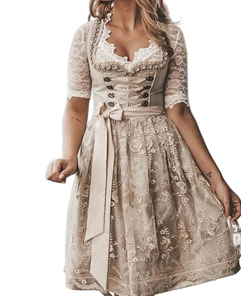NOUVEAU RICHE Traditionelles Dirndlkleid für Damen mit Spitzenbluse und Schnürmieder – Beige Trachtenkleid mit Spitze, S–2XL – Dôre Beige