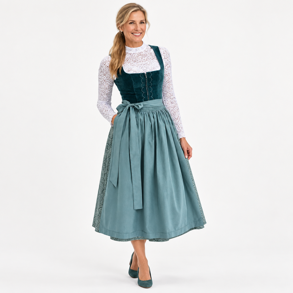 NOUVEAU RICHE Traditionelles Midi-Dirndlkleid für Damen mit Schürze – Hellgrünes Trachtenkleid mit Plisseerock, Oktoberfest, S–2XL – Zahara