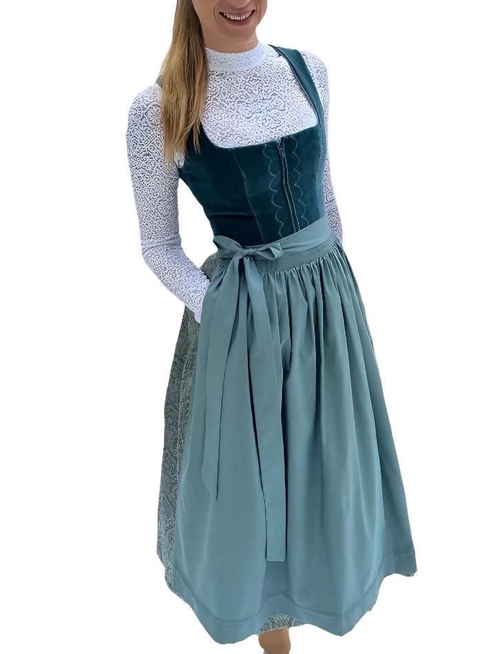NOUVEAU RICHE Traditionelles Midi-Dirndlkleid für Damen mit Schürze – Hellgrünes Trachtenkleid mit Plisseerock, Oktoberfest, S–2XL – Zahara Hellgrün