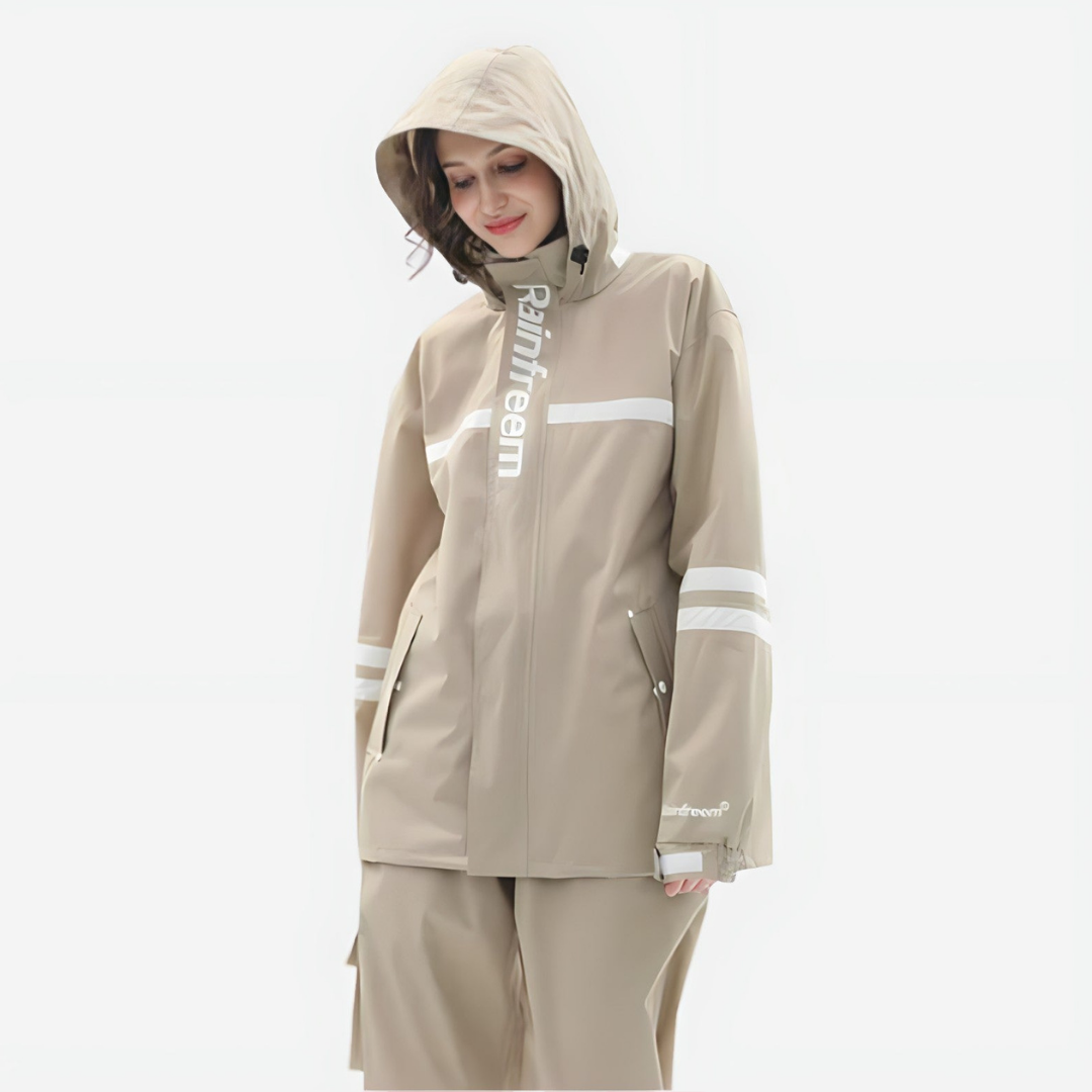 NOUVEAU RICHE Damen Regenanzug – Wasserdichte, leichte & atmungsaktive Regenjacke mit Regenhose, 3 Farben, S–4XL – Zahara Hellbraun