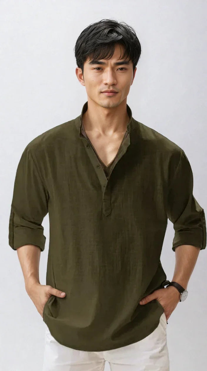 NOUVEAU RICHE Leinenhemd Für Herren Sommerlich Modern Leicht Luftig Dunkelgrün