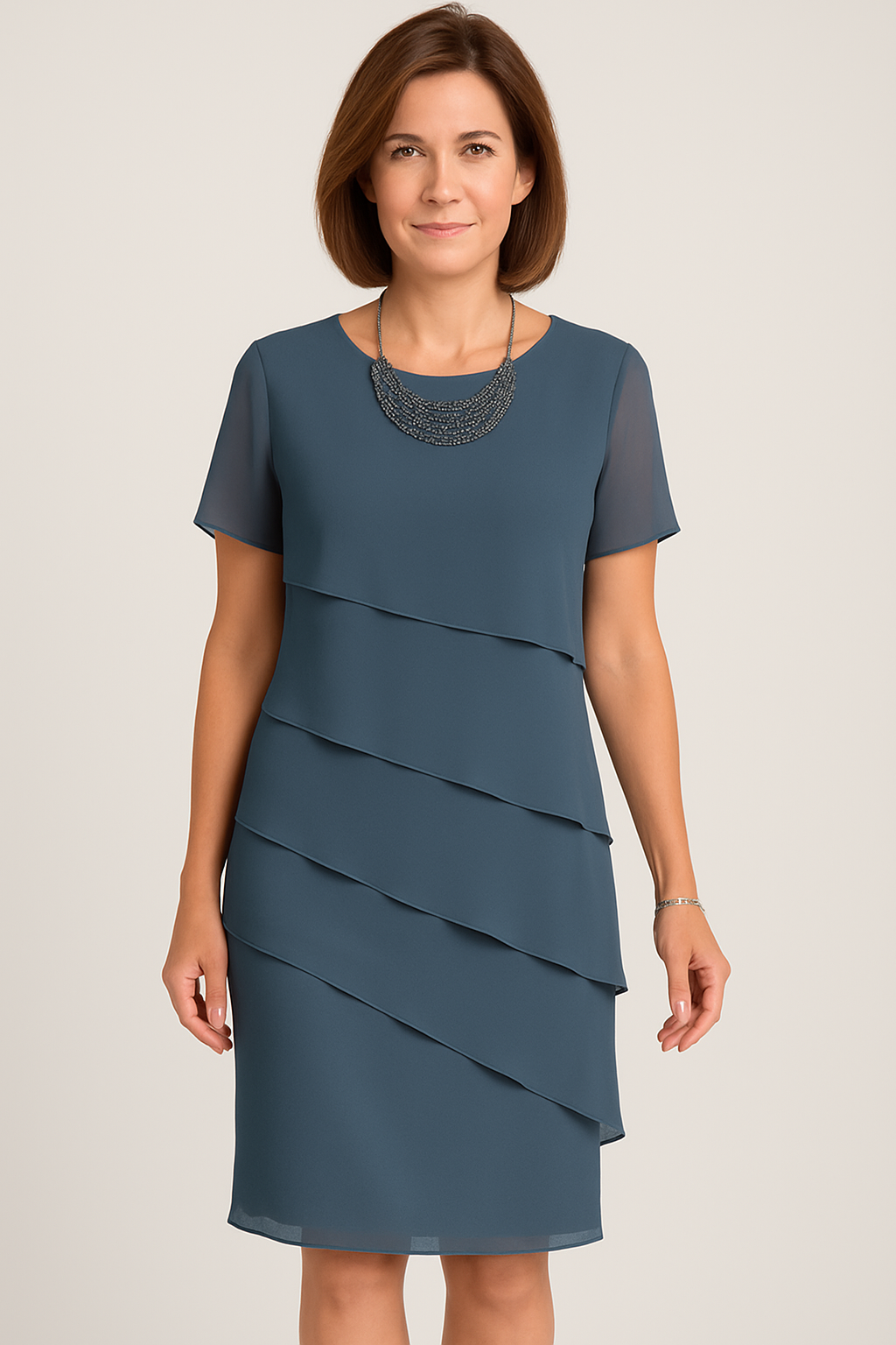 NOUVEAU RICHE Etuikleid Damen Sommer Luftiges Festkleid Lagenoptik Blau