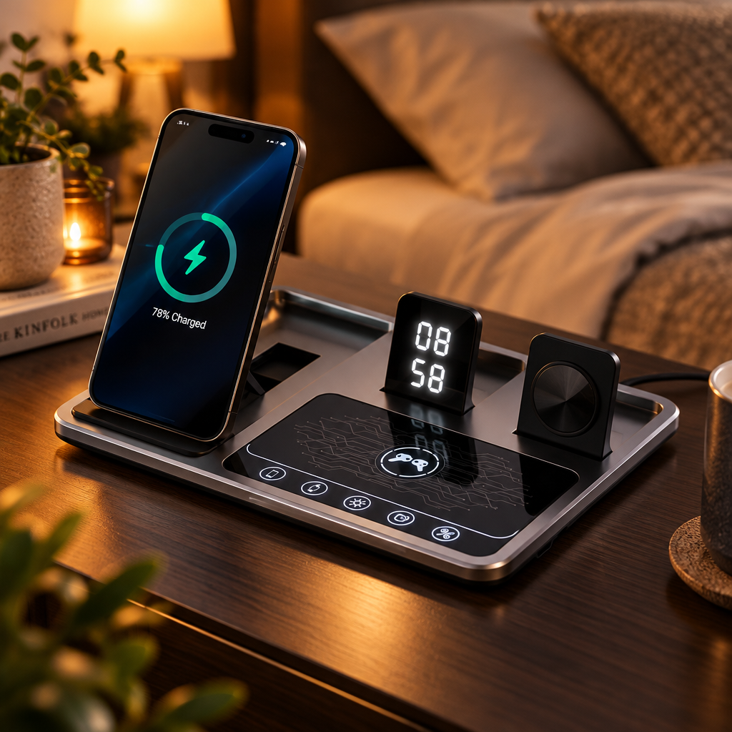 NOUVEAU RICHE Multifunktionale Ladestation – Kabellose Ladestation für Handy, Uhr & Kopfhörer, bis zu 4 Geräte – PowerSync