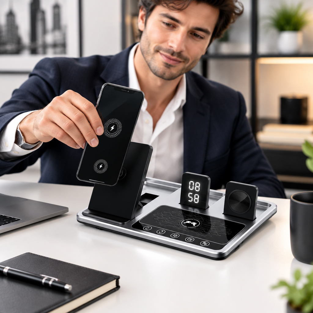 NOUVEAU RICHE Multifunktionale Ladestation – Kabellose Ladestation für Handy, Uhr & Kopfhörer, bis zu 4 Geräte – PowerSync