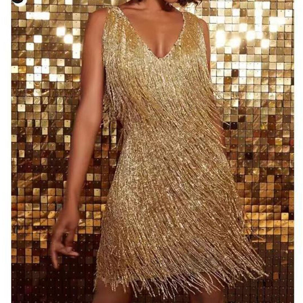 NOUVEAU RICHE Damen Sprudelnde Quasten Partykleid Funkelnde Pailletten Gold