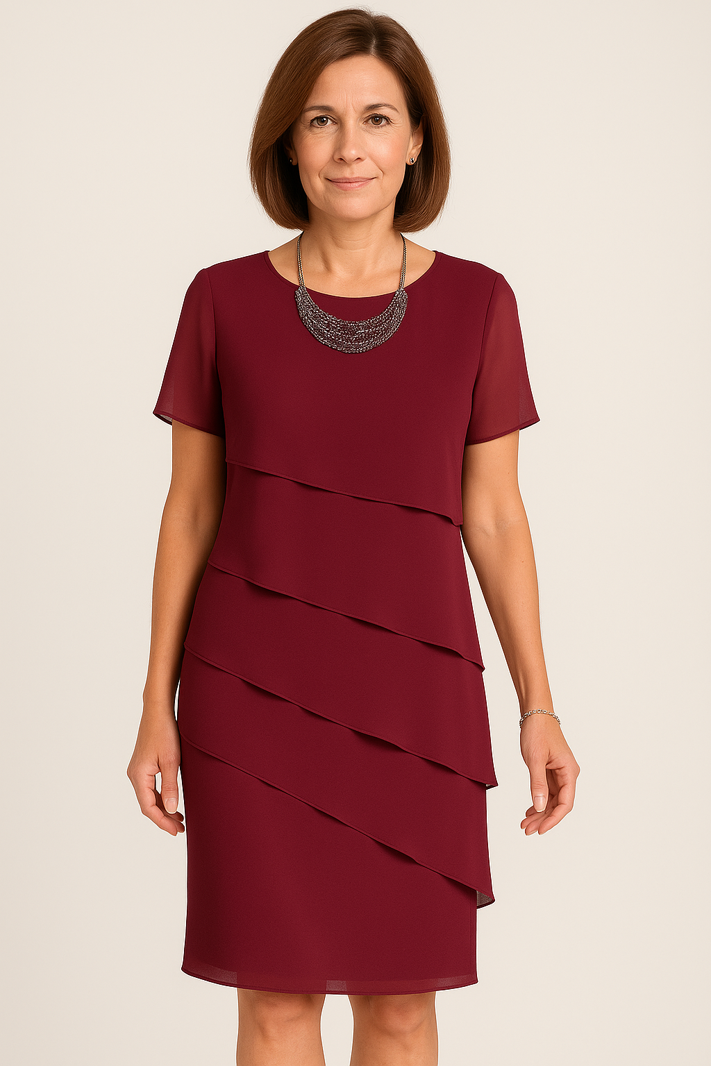 NOUVEAU RICHE Etuikleid Damen Sommer Luftiges Festkleid Lagenoptik Weinrot