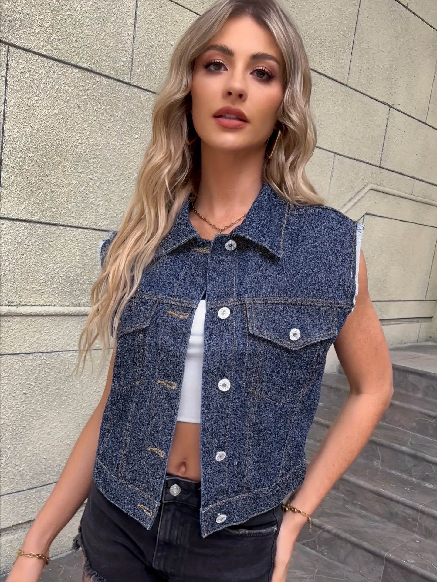 NOUVEAU RICHE Ärmellose Jeansjacke Pattentaschen Klassischen Denim Look Mittelblau