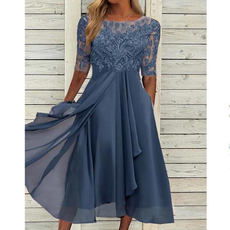 NOUVEAU RICHE Midikleid Chiffon Spitze Dreiviertelarm Festlich Abendkleid