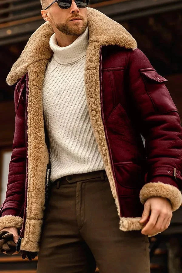 NOUVEAU RICHE Herren Camel Fliegende Jacke Echtes Schafsfell Vintage Rot