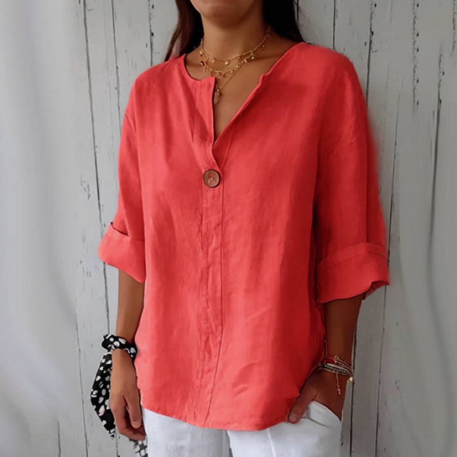 NOUVEAU RICHE Damen Bluse Lockerer Schnitt V-Ausschnitt 3/4 Ärmel Knopf Rot
