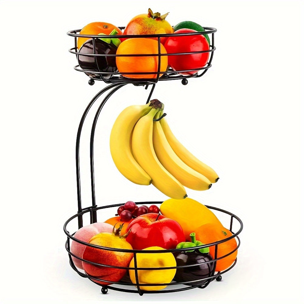 NOUVEAU RICHE 2-stöckige ovale Obstschale mit Bananenhalter – Obstkorb aus Metall für die Küche, Obst- & Gemüse-Organizer, Schwarz Schwarz