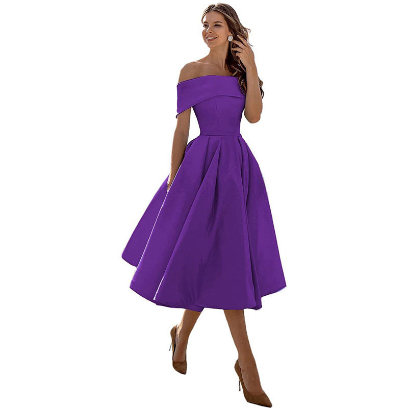 NOUVEAU RICHE Schulterfreies Satin Sommerkleid Damen Elegant Luftig A Linie Lila