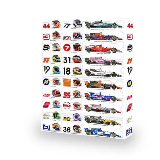 Adventní kalendář Formule 1 se sběratelskými předměty – motoristický adventní kalendář s 24 fanouškovskými předměty, dárek pro opravdové fanoušky motorsportu