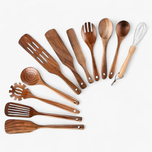 NOUVEAU RICHE 11-teiliges hitzebeständiges Küchenset aus Holz – Kochlöffel & Küchenhelfer aus Holz für Antihaftpfannen – WoodChef