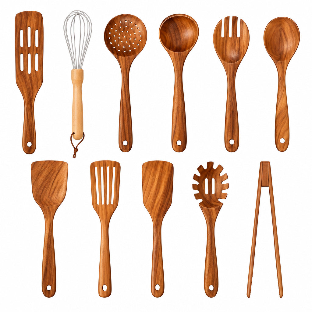 NOUVEAU RICHE 11-teiliges hitzebeständiges Küchenset aus Holz – Kochlöffel & Küchenhelfer aus Holz für Antihaftpfannen – WoodChef