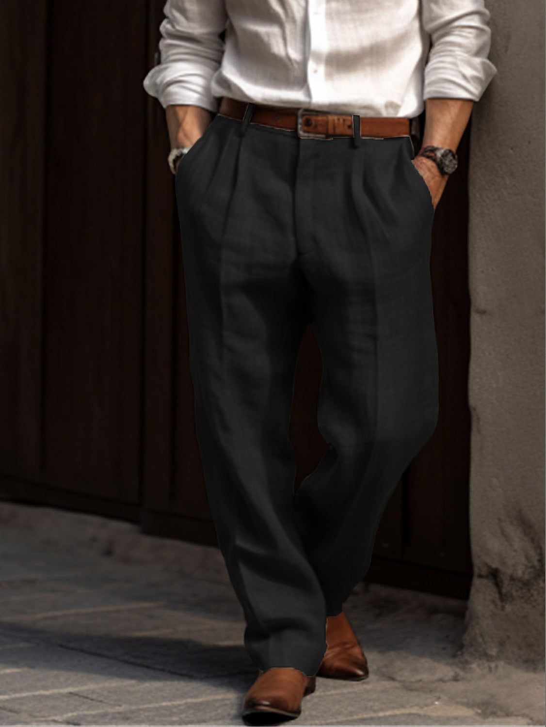 NOUVEAU RICHE Herren Leinenhose Plissiert Atmungsaktiv Bequeme Passform Schwarz
