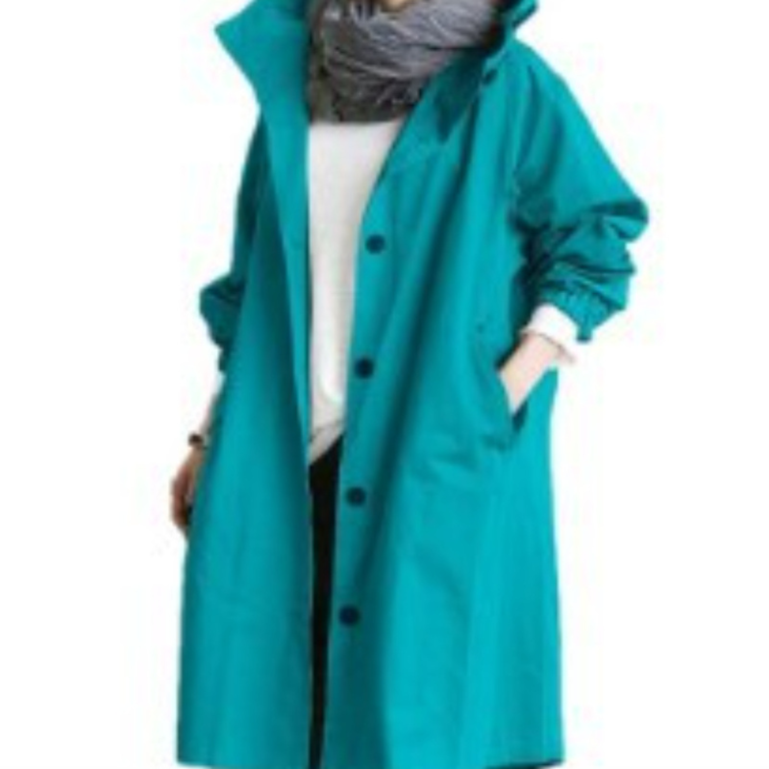 NOUVEAU RICHE Damen Lange Trenchcoat Mit Kapuze Wind- Und Wasserfest Blau