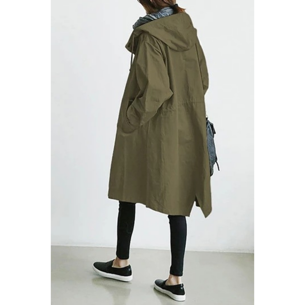 NOUVEAU RICHE Damen Lange Trenchcoat Mit Kapuze Wind- Und Wasserfest Grün