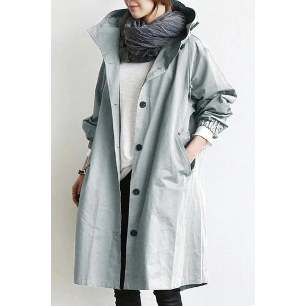 NOUVEAU RICHE Damen Lange Trenchcoat Mit Kapuze Wind- Und Wasserfest Hellgrau