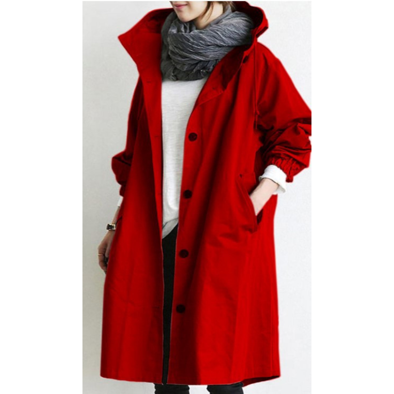 NOUVEAU RICHE Damen Lange Trenchcoat Mit Kapuze Wind- Und Wasserfest Rot
