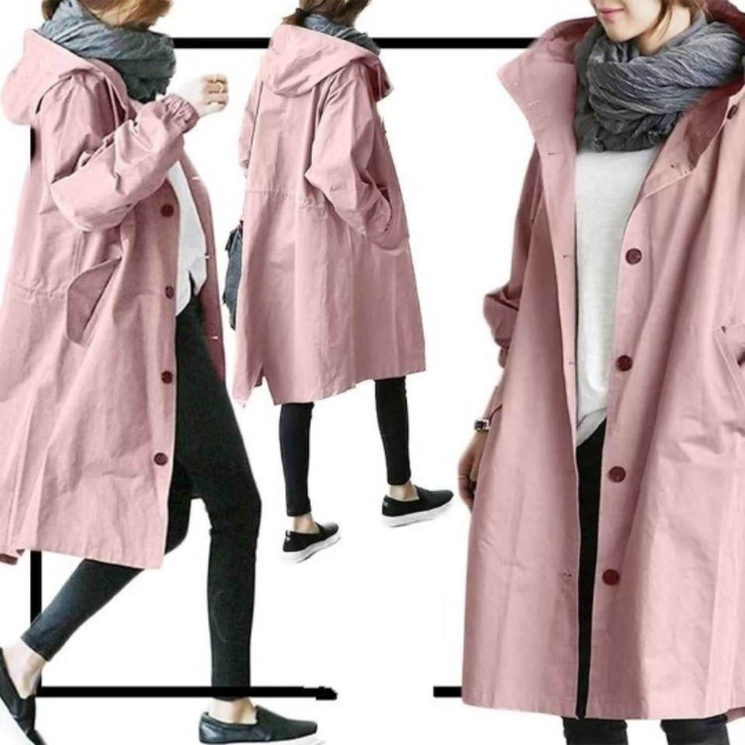 NOUVEAU RICHE Damen Lange Trenchcoat Mit Kapuze Wind- Und Wasserfest Rosa